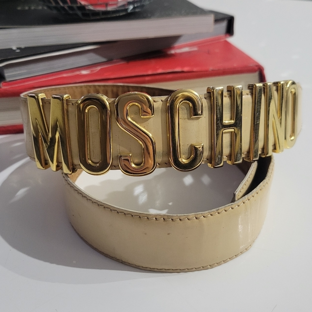 Authentic MOSCHINO REDWALL Vintage Tan Leather LETTERED LOGO BELT Size 42